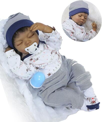 دمى أطفال تولد من جديد من الأولاد الأمريكيين من أصول أفريقية سوداء اللون من الفينيل السيليكوني الواقعي مقاس 22 بوصة مصنوعة يدويًا ومرجحة وعيون لطيفة مغلقة أثناء النوم in Kuwait