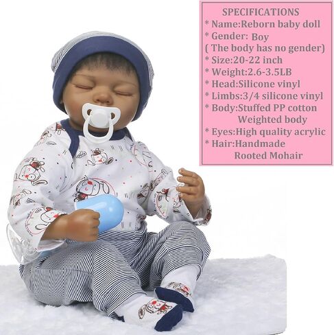 دمى أطفال تولد من جديد من الأولاد الأمريكيين من أصول أفريقية سوداء اللون من الفينيل السيليكوني الواقعي مقاس 22 بوصة مصنوعة يدويًا ومرجحة وعيون لطيفة مغلقة أثناء النوم in Kuwait