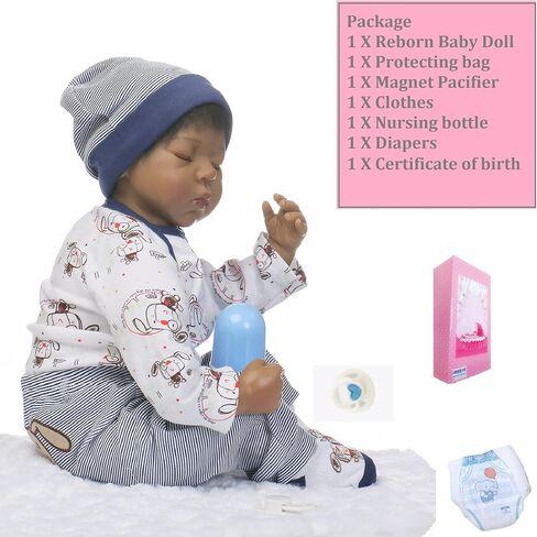 دمى أطفال تولد من جديد من الأولاد الأمريكيين من أصول أفريقية سوداء اللون من الفينيل السيليكوني الواقعي مقاس 22 بوصة مصنوعة يدويًا ومرجحة وعيون لطيفة مغلقة أثناء النوم in Kuwait