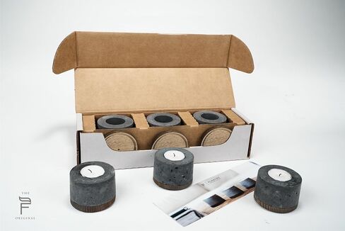 مجموعة شموع شخصية من FLIKR Fire Tealight - مجموعة حوامل شموع ذات قاعدة خشبية مكونة من 3 قطع، حوامل شموع دائرية لشموع Tealight القياسية، خرسانة أنيقة وحديثة، تتضمن شمعة Tealight in Saudi Arabia