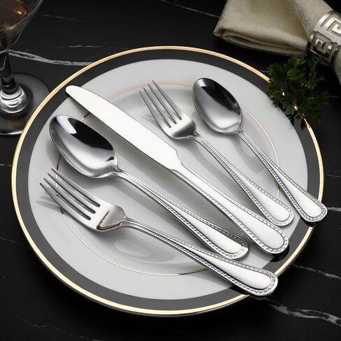 Amazon Basics 20-Piece Stainless Steel Flatware Set with Pearled Edge, Service for 4, Silver in Saudi Arabia