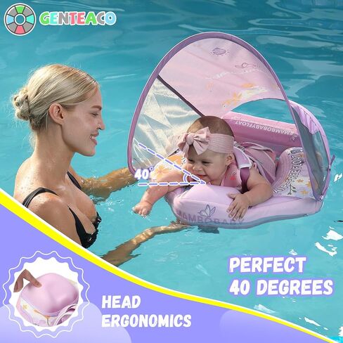 GENTEACO أحدث Mambobaby Baby Swim Float مع مظلة غير قابلة للنفخ لحمام السباحة للرضع مع ذيل 3-24 شهرًا تجنب الوجه الصلب والمواد الصديقة للبشرة للأطفال الصغار الأولاد والبنات in Kuwait
