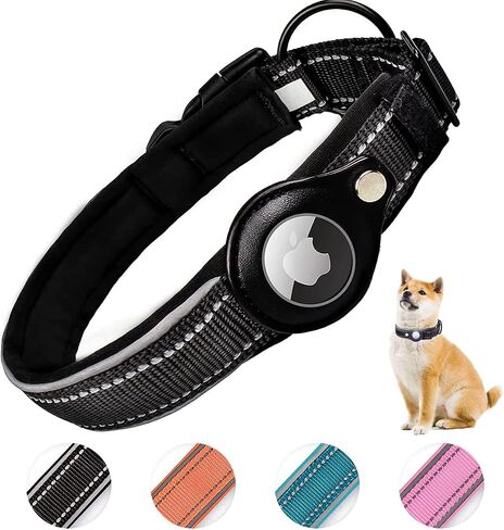 Reflective AirTag Dog Collar, Padded Heavy Duty Dog Collar with Air Tag Holder Adjustable for Small Medium Large Pet Dogs, Black, M in Saudi Arabia