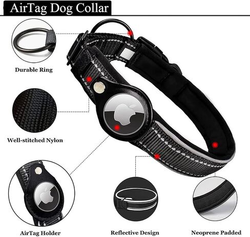 Reflective AirTag Dog Collar, Padded Heavy Duty Dog Collar with Air Tag Holder Adjustable for Small Medium Large Pet Dogs, Black, M in Saudi Arabia