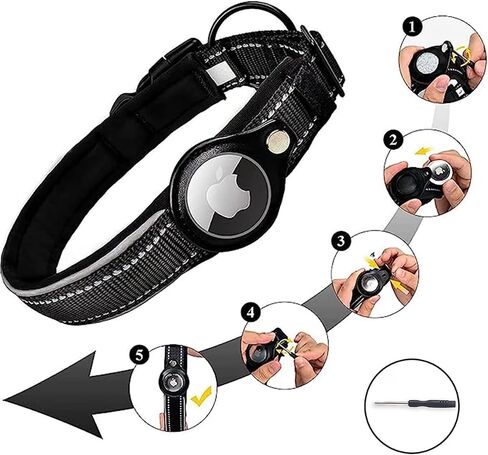 Reflective AirTag Dog Collar, Padded Heavy Duty Dog Collar with Air Tag Holder Adjustable for Small Medium Large Pet Dogs, Black, M in Saudi Arabia