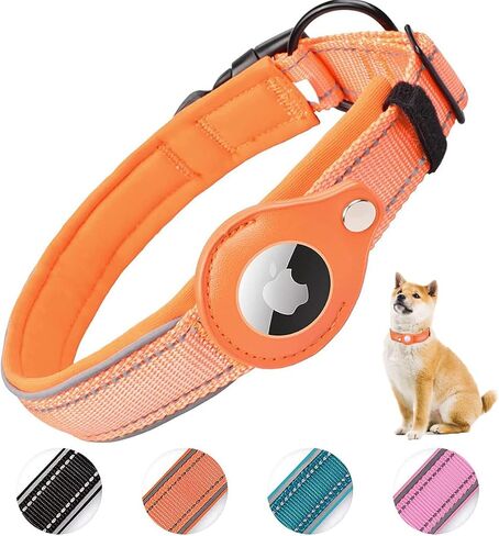 Reflective AirTag Dog Collar, Padded Heavy Duty Dog Collar with Air Tag Holder Adjustable for Small Medium Large Pet Dogs, Black, M in Saudi Arabia