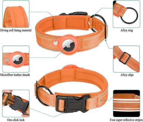 Reflective AirTag Dog Collar, Padded Heavy Duty Dog Collar with Air Tag Holder Adjustable for Small Medium Large Pet Dogs, Black, M in Saudi Arabia