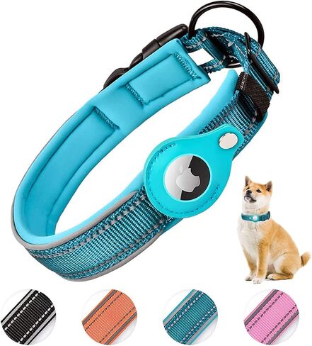 Reflective AirTag Dog Collar, Padded Heavy Duty Dog Collar with Air Tag Holder Adjustable for Small Medium Large Pet Dogs, Black, M in Saudi Arabia