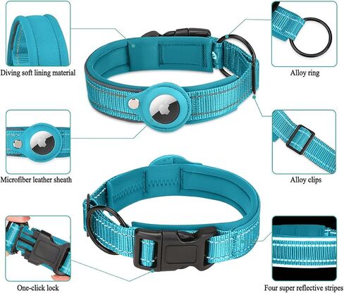Reflective AirTag Dog Collar, Padded Heavy Duty Dog Collar with Air Tag Holder Adjustable for Small Medium Large Pet Dogs, Black, M in Saudi Arabia