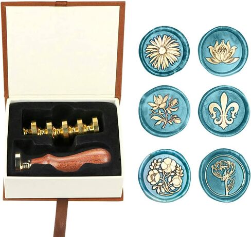 Wax Seal Stamp Kit, Afobby Flower Wax Seal Stamp Set with 6 PCS Removable Brass Heads and 1 Wooden Handle, Retro Camomile Lotus Iris Sealing Wax Stamps for Wedding Invitation Envelopes Decoration in Saudi Arabia