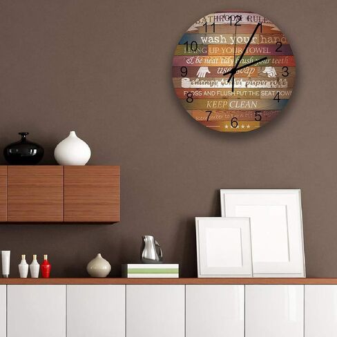 Retro 12 Inch Waterproof Wall Clock, Silent Non-Ticking Battery Operated for Home Classroom Conference Room Wall Decorative Clock - Bathroom Rules Fun Decor Retro Colorful Wooden in Saudi Arabia