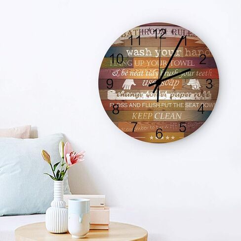Retro 12 Inch Waterproof Wall Clock, Silent Non-Ticking Battery Operated for Home Classroom Conference Room Wall Decorative Clock - Bathroom Rules Fun Decor Retro Colorful Wooden in Saudi Arabia