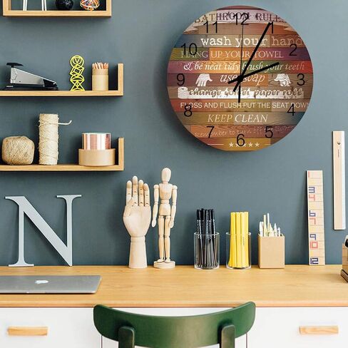 Retro 12 Inch Waterproof Wall Clock, Silent Non-Ticking Battery Operated for Home Classroom Conference Room Wall Decorative Clock - Bathroom Rules Fun Decor Retro Colorful Wooden in Saudi Arabia