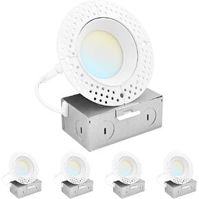 LUXRITE 3 Inch Trimless LED Recessed Light with Junction Box, 5CCT Selectable 2700K-5000K, 10W, 750LM, Dimmable, Wet & IC Rated, Canless Downlight, ETL Listed, New Construction and Remodel (4 Pack)