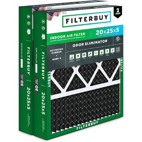 Filterbuy 20x25x5 Air Filter MERV 8 Odor Eliminator (2-Pack), Pleated HVAC AC Furnace Air Filters w/Activated Carbon for Honeywell, Lennox, Carrier, & More (Actual Size: 19.88 x 24.75 x 4.38 Inches)
