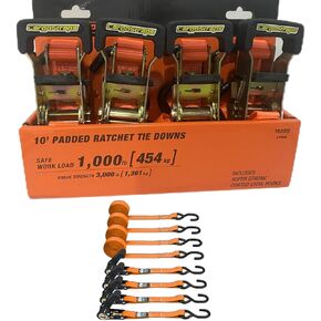 QYMOTO 4 Pack Ratchet Tie Down Straps UTV ATV Cargo Straps with Metal Hooks 1" x 10', 3000 lbs Break Strength Compatible with ATV UTV Van Goods Load Orange 10 feet