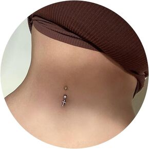 Belly Button Ring Rhinestones Cross Belly Rings Surgical Steel Belly Rings for Women Dangle Small Belly Button Rings Dainty Cross Dangle Belly Piercing Jewelry