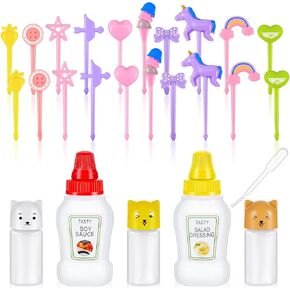 26 Pcs Lunch Bento Soy Sauce Case Container 5 Mini Plastic Condiment Squeeze Bottles Cute Kids Lunch Accessories with Dropper 20 Animal Food Picks for Honey Salad Sauces Oil Ketchup (Stylish Style)