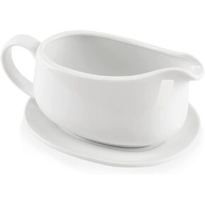 17 OZ Ceramic Gravy Boat and Tray - White Gravy Sauce Boat with Saucer Stand for Dining, Holiday Meals & Parties