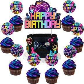 Video Game Cake Cupcake Toppers, Level Up Video Game Party Decorations Happy Birthday Cake Cupcake Toppers for Game Theme Kids Birthday Party Supplies