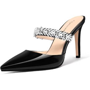 MUCCCUTE Women's High Mule Heels Pointed Closed Toe Stiletto Slip On Rhinestone Strap Heeled Sandals Backless Bridal Party Pumps