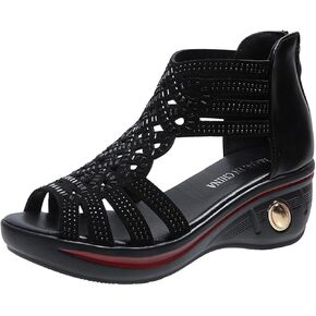 Womens' Open Toe Leather Rhinestones Wedge Sandals,Casual Hollow Out Slip-On Back Zipper Low Heel Roman Shoes，Fashion Lightweight Wedding Party Dress Shoes