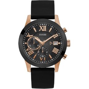GUESS Comfortable Black + Rose Gold-Tone Stain Resistant Silicone Chronograph Watch with Date. Color:Black/Rose Gold-Tone (Model: U1055G3)