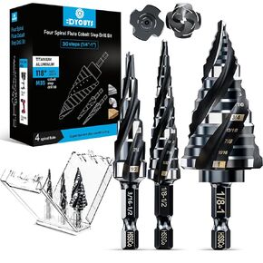 Four Spiral Flute M35 Step Drill Bit Set 1/4"-1"(3 pcs 30 Sizes), 1/4" Shank for Metal Step Drill bit, Impact Resistant Cobalt Step Drill Bit, for Stainless Steel, Wood, Aluminum, Plastic