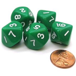 Koplow Games Set of 5 D10 10-Sided 20mm Opaque RPG Dice - Green with White Numbers
