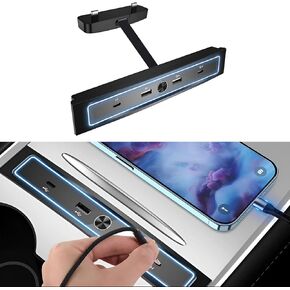 for Tesla USB Hub with 2021 2022 2023 Model 3/Y Car USB Charger Multi Port Interior Accessories Fit for Tesla Center Console Docking Station(Tricolor LED)