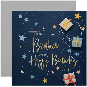 Old English Co. Brother Birthday Card for Him - Navy Blue Male Birthday Card for Family - Stars Wrapped Gifts Presents Card Design - Modern Birthday Card | Blank Inside