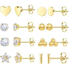 DAILI 8 Pairs 14K Gold Stud Earrings Set, Titanium Surgical Steel Stud Earrings for Multiple Piercing Hypoallergenic Earrings Flower Heart Ball Cubic Zirconia Studs for Women