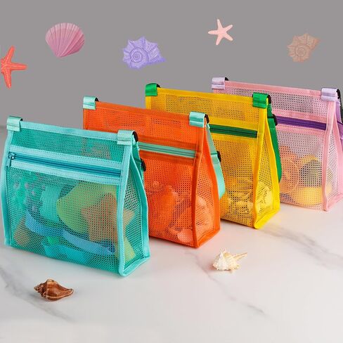 MUYIZI Shell Bag Shell Collecting Bag Sea Shell Bag، Shell Bag لالتقاط أكياس جمع الأصداف للأطفال (مجموعة من 4، أكياس الصدفة فقط) (أزرق + برتقالي) in Kuwait