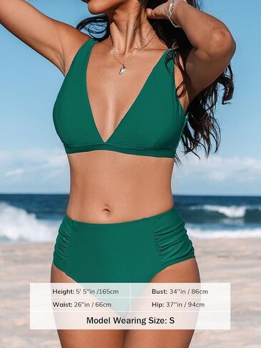 CUPSHE Women's Bikini Sets Two Piece Bathing Suit High Waisted Plunging V Neck Wide Straps Ruched Side Back Hook in Saudi Arabia