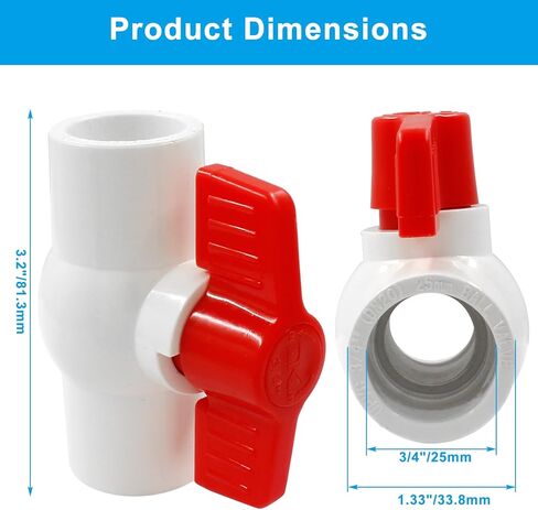 2 PCS 3/4 inch PVC Ball Valve Slip - Compact T-Handle Water Shut-Off Valves - Ideal for Aquariums, Swimming Pool Equipment, Irrigation, Water Treatment in Kuwait