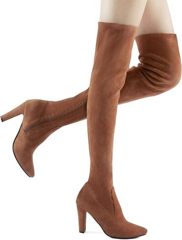 حذاء بوت عالي من الجلد السويدي المطاطي من Shoe'N Tale بكعب مكتنز فوق الركبة (7، بني) in Saudi Arabia