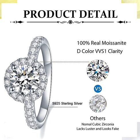 1 Moissanite Rings for Women, D Color VVS1 Clarity Brilliant Round Cut Solitaire Lab Created Diamond Moissanite Ring Rhodium Plated Solid S925 Sterling Silver in Saudi Arabia