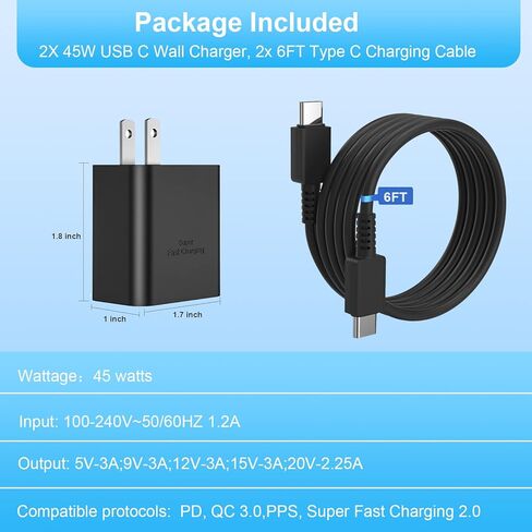 شاحن USB C، شاحن حائط فائق السرعة 45 وات لهاتف Samsung Galaxy S23 S22 Ultra/S22+/S22/Note 10/Note 10+/Note 20/S20/S21، شاحن USB C 45 وات مع كابل شحن سريع من النوع C بطول 6 أقدام (2- علية) in Kuwait