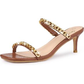 Perphy Snakeskin Print Square Toe Gold Chain Stiletto Heels Strappy Sandals for Women