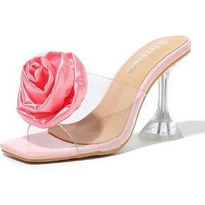 fereshte Women's Flower Heels Satin Rose Square Toe High Heeled Mule Dress Party Wedding Sandals