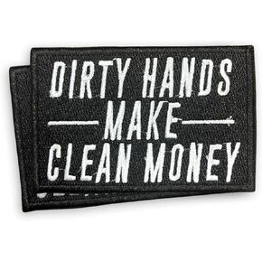 (2 PCS) - Dirty Hands Make Clean Money Patch | Funny Blue Collar Welding Mechanic Lineman Gifts for Men Women | Sew On Embroidered Iron-On Patches for Clothing Backpack Hat Jacket | 3.5 in