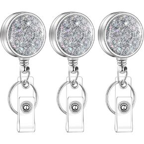Riceshoot 3 Pack Retractable Badge Holder Glitter Retractable Badge Reels Lightweight Nurse Badge Reel Cute Badge Clip ID Card Holders with Key Ring Backing Belt Clip for Office Workers(Silver)