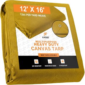 Xpose Safety Canvas Tarp - Tan 12' x 12' Duck Canvas Heavy Duty 12 oz Waterproof with Brass Grommets, Multipurpose Outdoor Waxed Tarpaulin for Camping, Canopy Tent, Trailer, Machinery, Equipment Cover