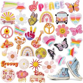 35PCS Hippie Retro Iron on Patches, FULANDL Vintage Groovy Sew on Patches Embroidered Applique Patches, Boho Repair Patches DIY Craft Accessories for Clothes Jeans Backpacks Hats Shoes