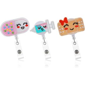 Felt Nurse Badge Reels, 3 Piece Retractable Badge Holders Pill Bandage Syringe ID Badge Reel Cute Badge Reels, Nursing Badge Holder with Alligator Clip for School Office Hospital Nurse Teacher
