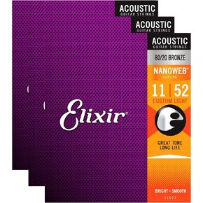 Elixir 11027 Acoustic 80/20 Nano Custom Light 11-52 (3 Pack Bundle)