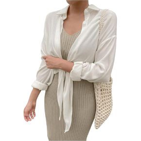 Floerns Women's Textured Long Sleeve Collared Neck Tie Front Button Down Blouses Top