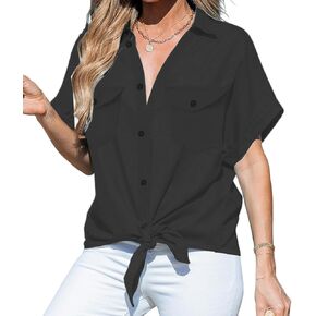 Women Summer Button Down Shirt Short Sleeve Tie Front Knot Blouse Office Business Dating Tops