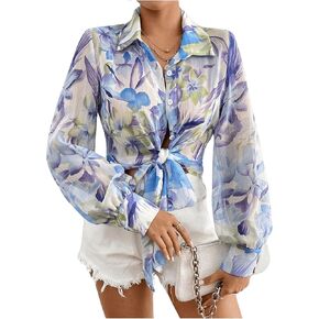 Milumia Women's Floral Lantern Sleeve Button Front Collared Shirts Tie Front Casual Blouse Tops