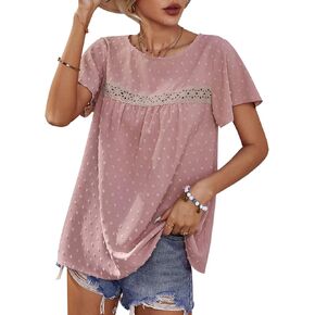 WNXXCD Short Sleeve Shirts for Women Crew Neck Ruffle Sleeve Tops Lace Crochet Swiss Dot Dressy Blouses